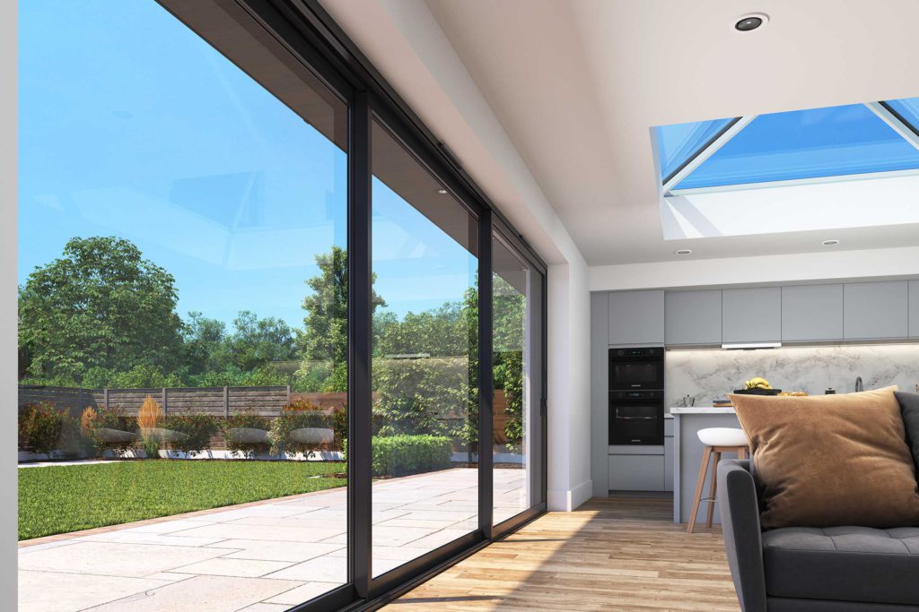 Aluminium sliding doors opening onto a landscaped garden